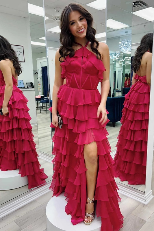 Red Halter Ruffle Tiered Chiffon Long Prom Dress with Slit,DP1912