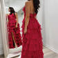 Red Halter Ruffle Tiered Chiffon Long Prom Dress with Slit,DP1912