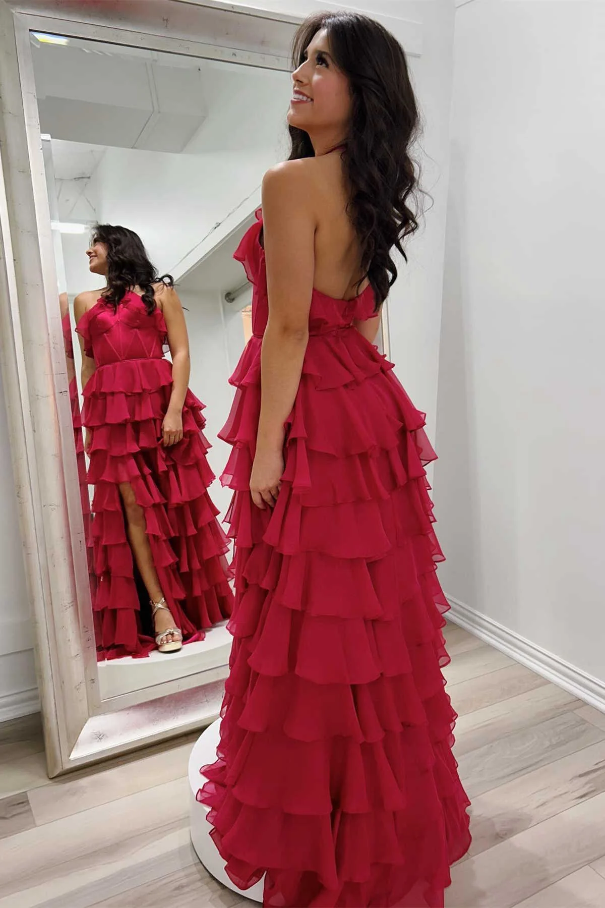 Red Halter Ruffle Tiered Chiffon Long Prom Dress with Slit,DP1912