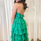 Red Halter Ruffle Tiered Chiffon Long Prom Dress with Slit,DP1912