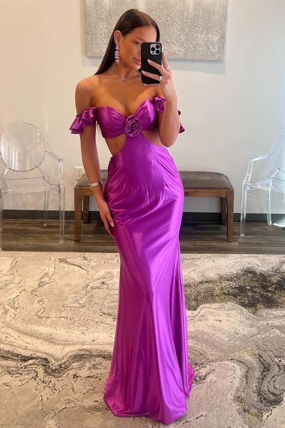 Fuchsia Off Shoulder Ruffle Side Cutouts Long Prom Dress,DP1914