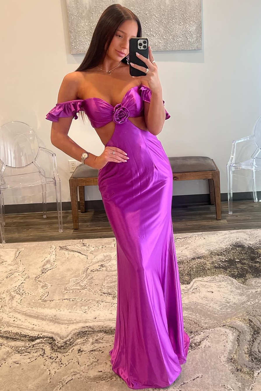 Fuchsia Off Shoulder Ruffle Side Cutouts Long Prom Dress,DP1914