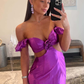 Fuchsia Off Shoulder Ruffle Side Cutouts Long Prom Dress,DP1914