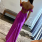 Fuchsia Off Shoulder Ruffle Side Cutouts Long Prom Dress,DP1914