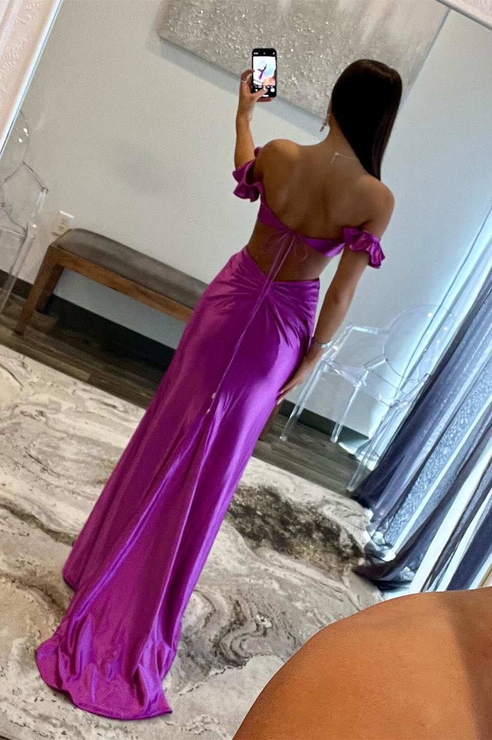 Fuchsia Off Shoulder Ruffle Side Cutouts Long Prom Dress,DP1914