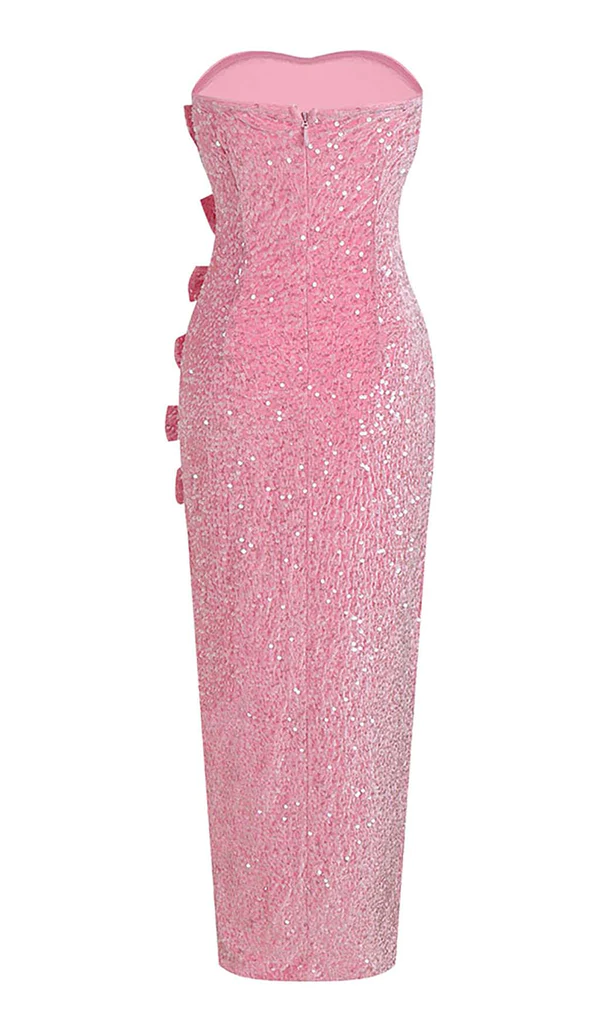 Pink Strapless Sequins Bow Long Party Dress with Slit,DP1922