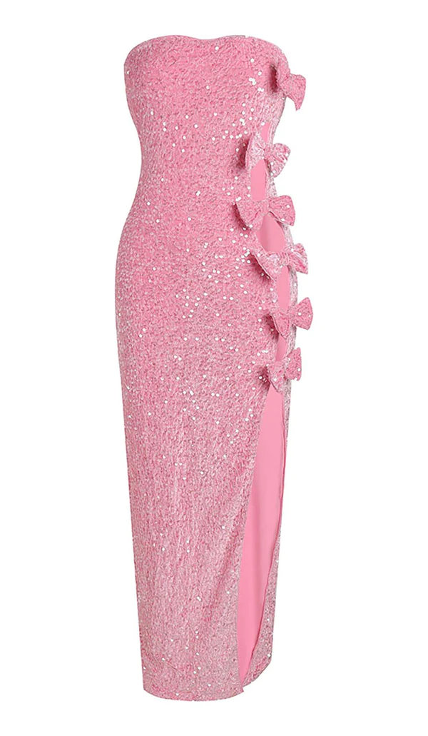 Pink Strapless Sequins Bow Long Party Dress with Slit,DP1922