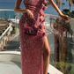 Pink Strapless Sequins Bow Long Party Dress with Slit,DP1922