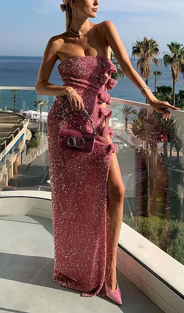 Pink Strapless Sequins Bow Long Party Dress with Slit,DP1922