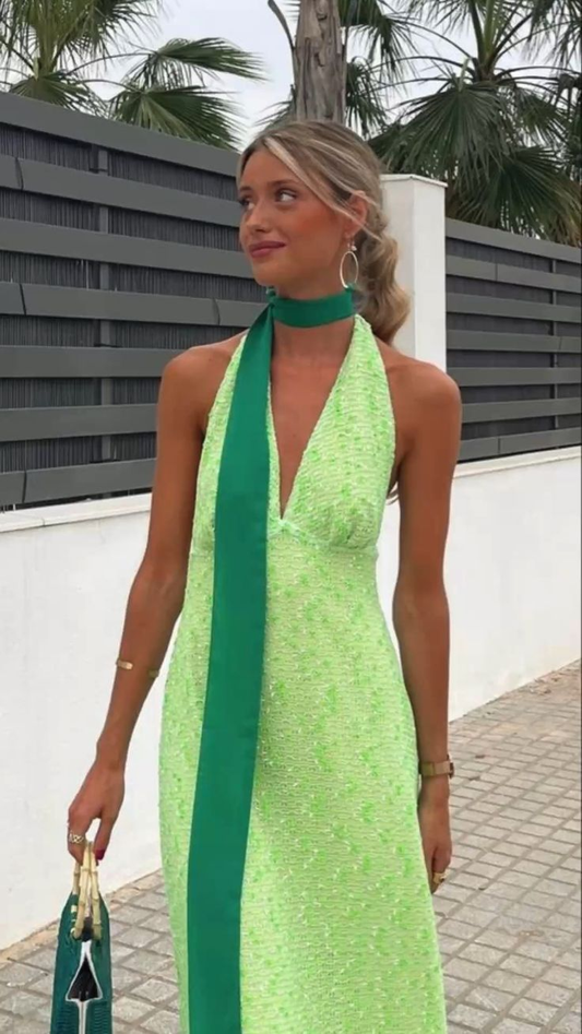 Green Halter Backless A-Line Long Party Dress Wedding Guest Dress,DP1928