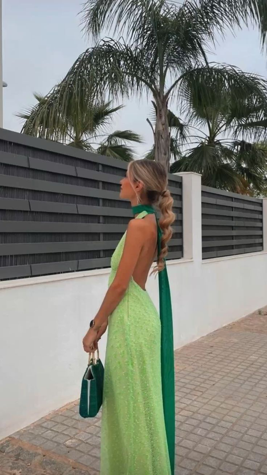 Green Halter Backless A-Line Long Party Dress Wedding Guest Dress,DP1928