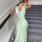 Sage Green V Neck Ankle Length Party Dress Wedding Guest Dress,DP1929