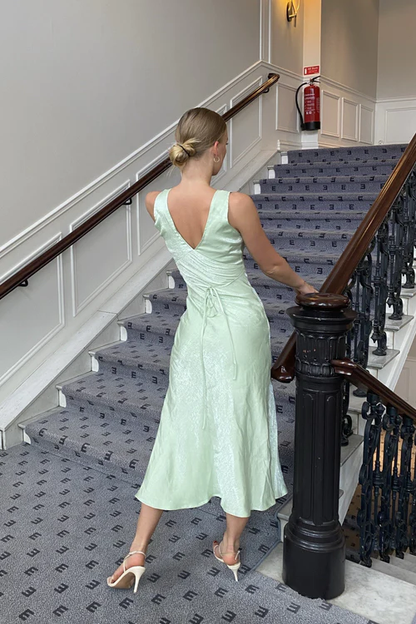 Sage Green V Neck Ankle Length Party Dress Wedding Guest Dress,DP1929