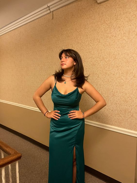 Dark Green Straps Satin Long Party Dress with Slit,DP1932