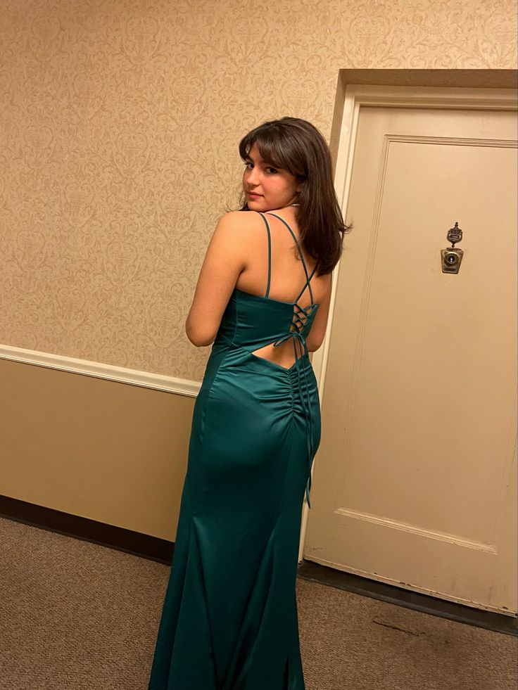 Dark Green Straps Satin Long Party Dress with Slit,DP1932