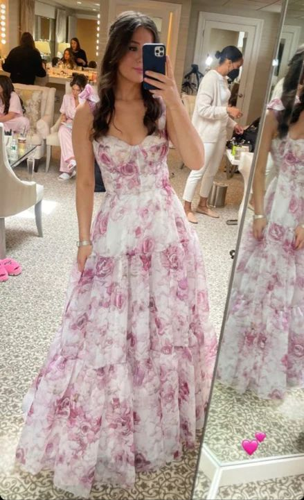 Floral Printed A-Line Straps Chiffon Long Party Dress,DP1933