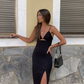 Charming Black V Neck Sheath Long Party Dress with Slit,DP1939