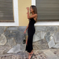 Charming Black V Neck Sheath Long Party Dress with Slit,DP1939