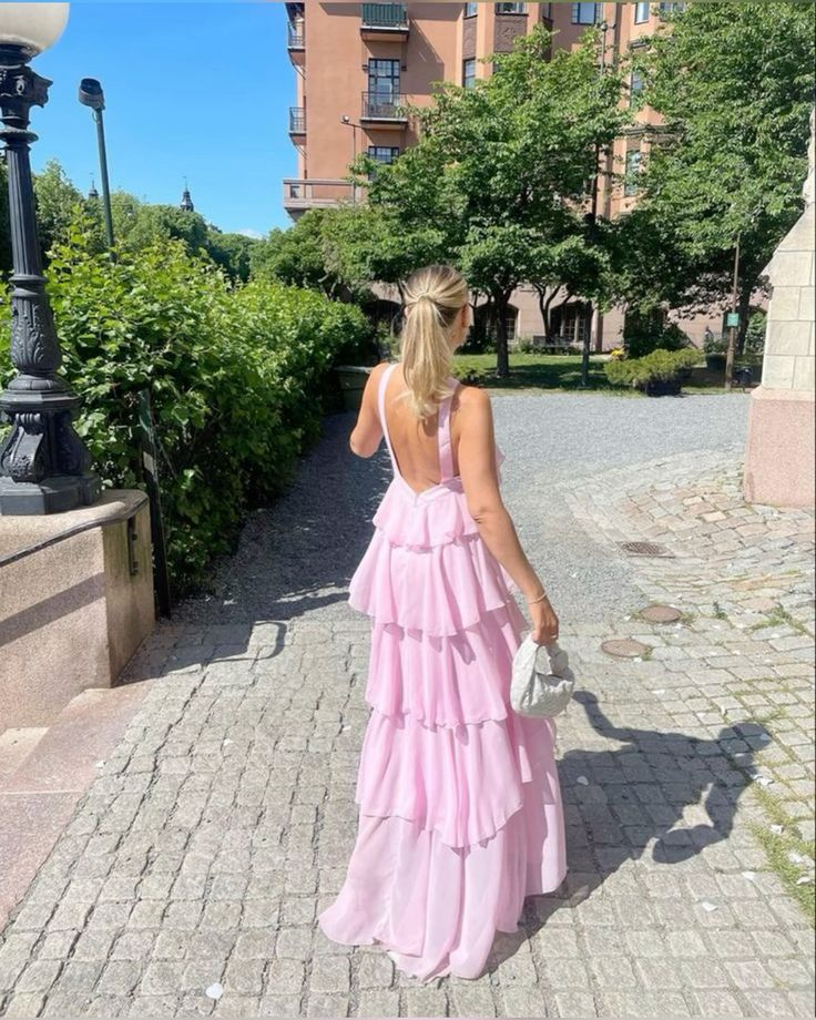 Elegant Pink Chiffon A-Line Layers Backless Long Party Dress,DP1940