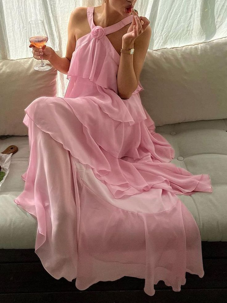 Elegant Pink Chiffon A-Line Layers Backless Long Party Dress,DP1940