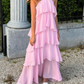 Elegant Pink Chiffon A-Line Layers Backless Long Party Dress,DP1940