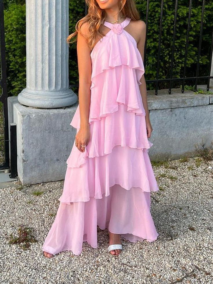 Elegant Pink Chiffon A-Line Layers Backless Long Party Dress,DP1940