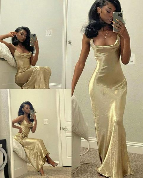 Sexy Gold Mermaid Satin Black Girl Long Party Dress,DP1942