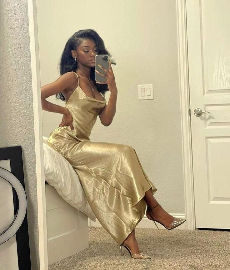 Sexy Gold Mermaid Satin Black Girl Long Party Dress,DP1942