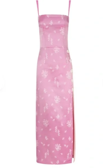 Pink Satin Spaghetti Straps Printed Long Party Dress with Slit,DP1944