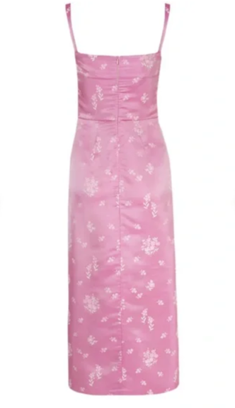 Pink Satin Spaghetti Straps Printed Long Party Dress with Slit,DP1944