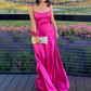 Hot Pink A-Line Satin Spaghetti Straps Long Party Dress,DP1948