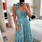 Floral V Neck Backless Blue A-Line Long Party Dress,DP1953