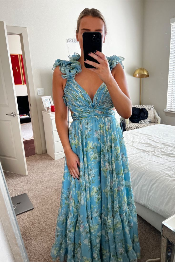 Floral V Neck Backless Blue A-Line Long Party Dress,DP1953