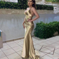 Gold V Neck Mermaid Satin Formal Party Dress,DP1955