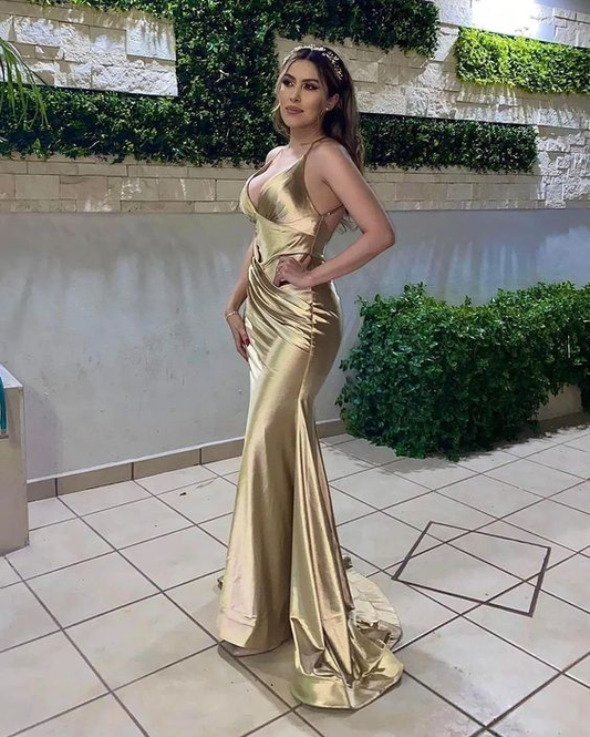 Gold V Neck Mermaid Satin Formal Party Dress,DP1955