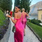 Hot Pink One Shoulder Satin Mermaid Long Party Dress,DP1960