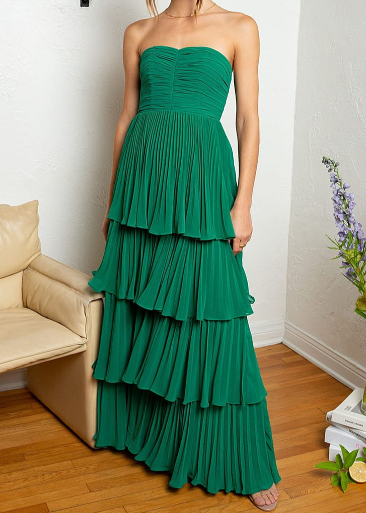 Green Strapless A-Line Tiered Chiffon Long Party Dress,DP1975