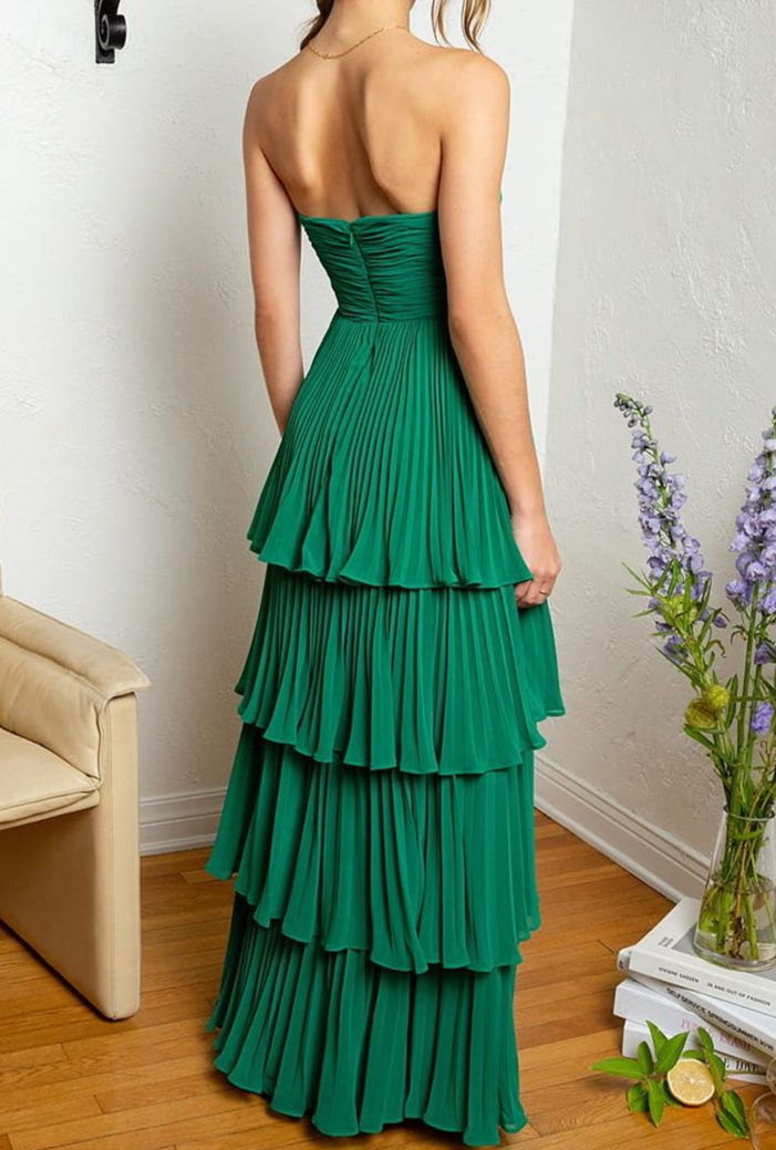 Green Strapless A-Line Tiered Chiffon Long Party Dress,DP1975