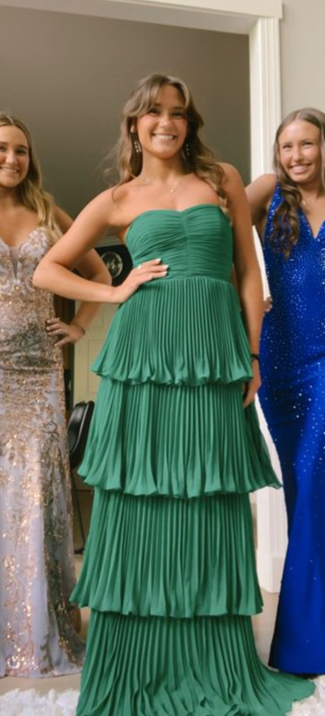 Green Strapless A-Line Tiered Chiffon Long Party Dress,DP1975