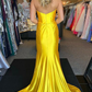 Charming Yellow Strapless Mermaid Satin Long Prom Dress,DP1977