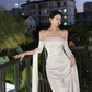 White Halter Off Shoulder A-Line Satin Long Party Dress,DP1984