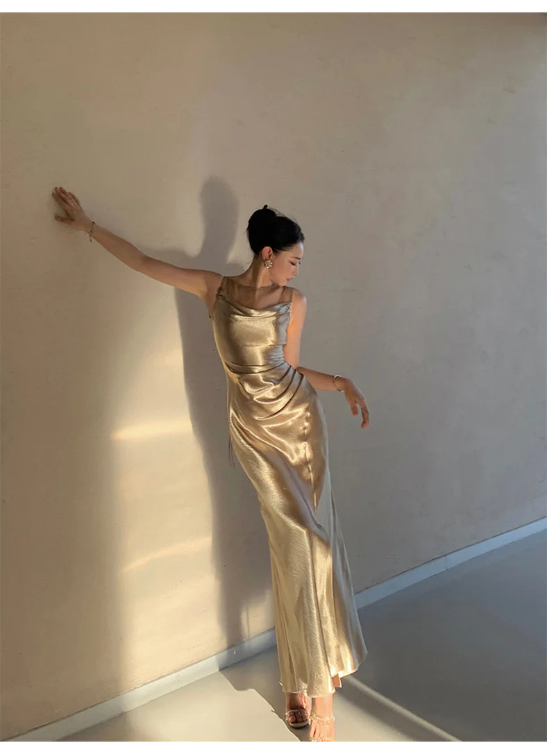 Elegant Gold Satin Backless Mermaid Long Prom Dress Formal Party Dress ,DP1990