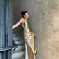 Elegant Gold Satin Backless Mermaid Long Prom Dress Formal Party Dress ,DP1990