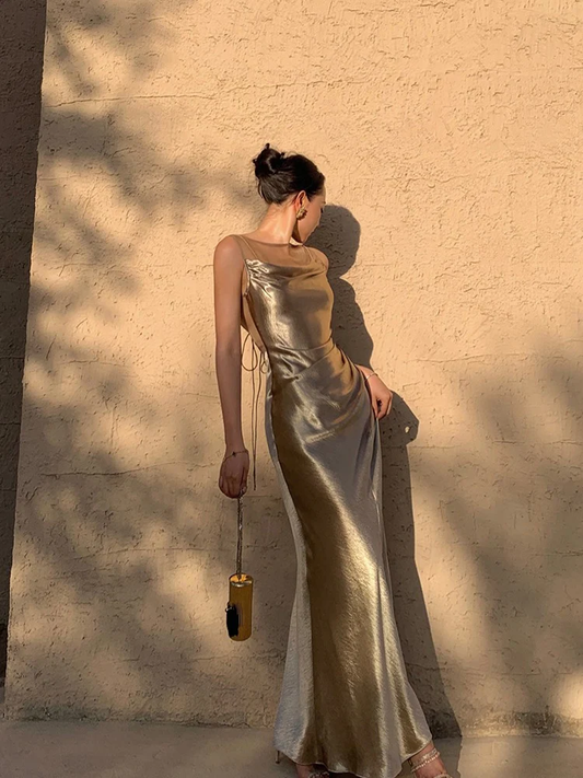 Elegant Gold Satin Backless Mermaid Long Prom Dress Formal Party Dress ,DP1990