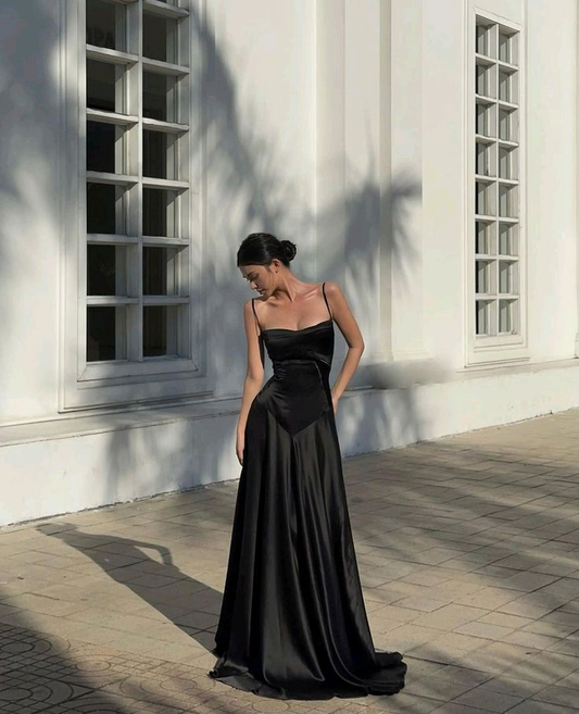 Black Spaghetti Straps A-Line Satin Elegant Long Party Dress,DP1994