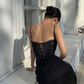 Black Spaghetti Straps A-Line Satin Elegant Long Party Dress,DP1994