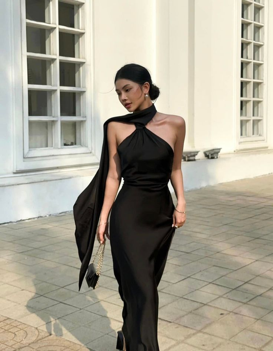 Elegant Black Halter Backless Long Evening Dress, DP1997