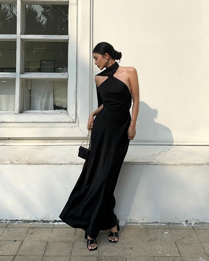 Elegant Black Halter Backless Long Evening Dress, DP1997