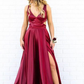 Burgundy V Neck A-Line Satin Formal Long Party Dress, DP1998