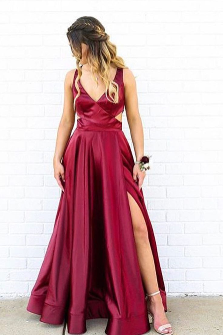 Burgundy V Neck A-Line Satin Formal Long Party Dress, DP1998